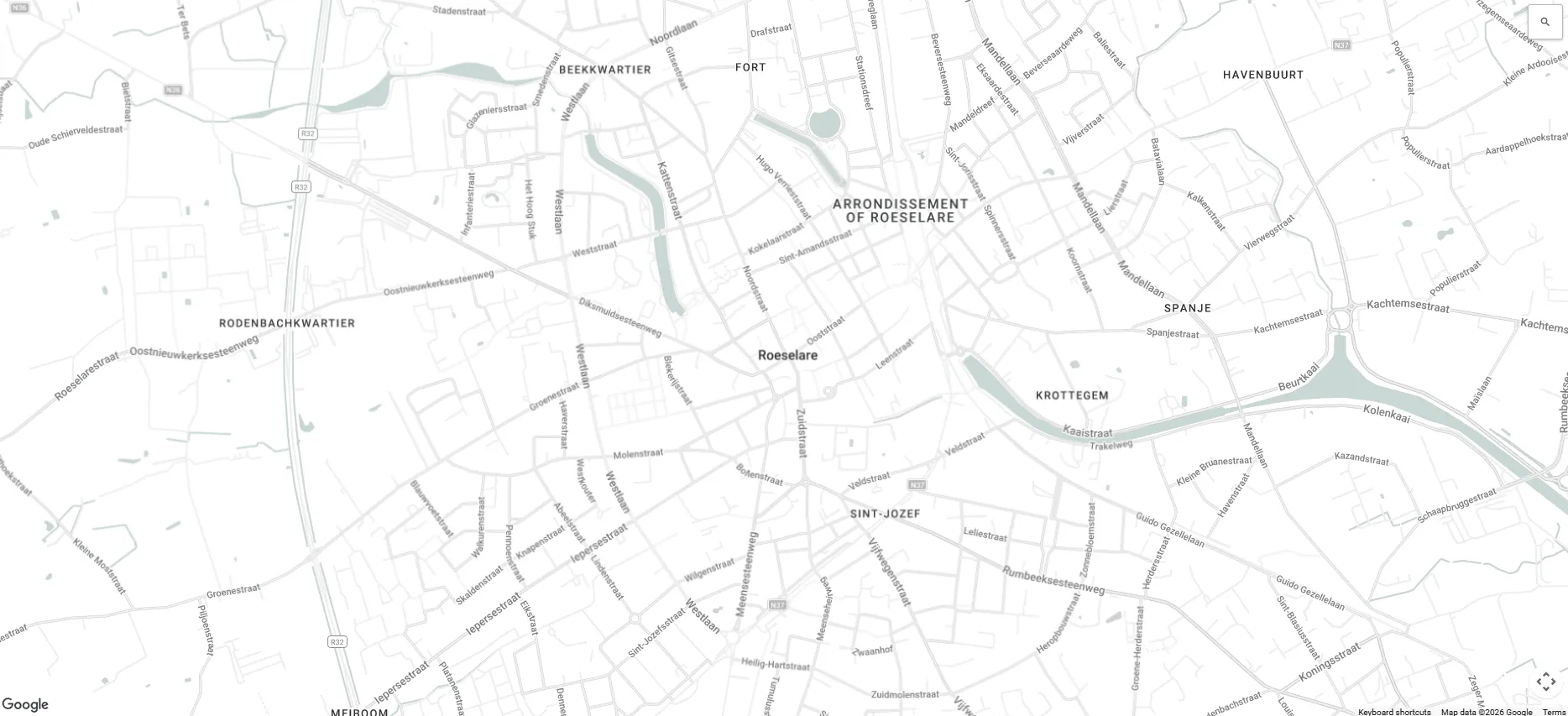 Kaart van Roeselare en de omliggende wijken