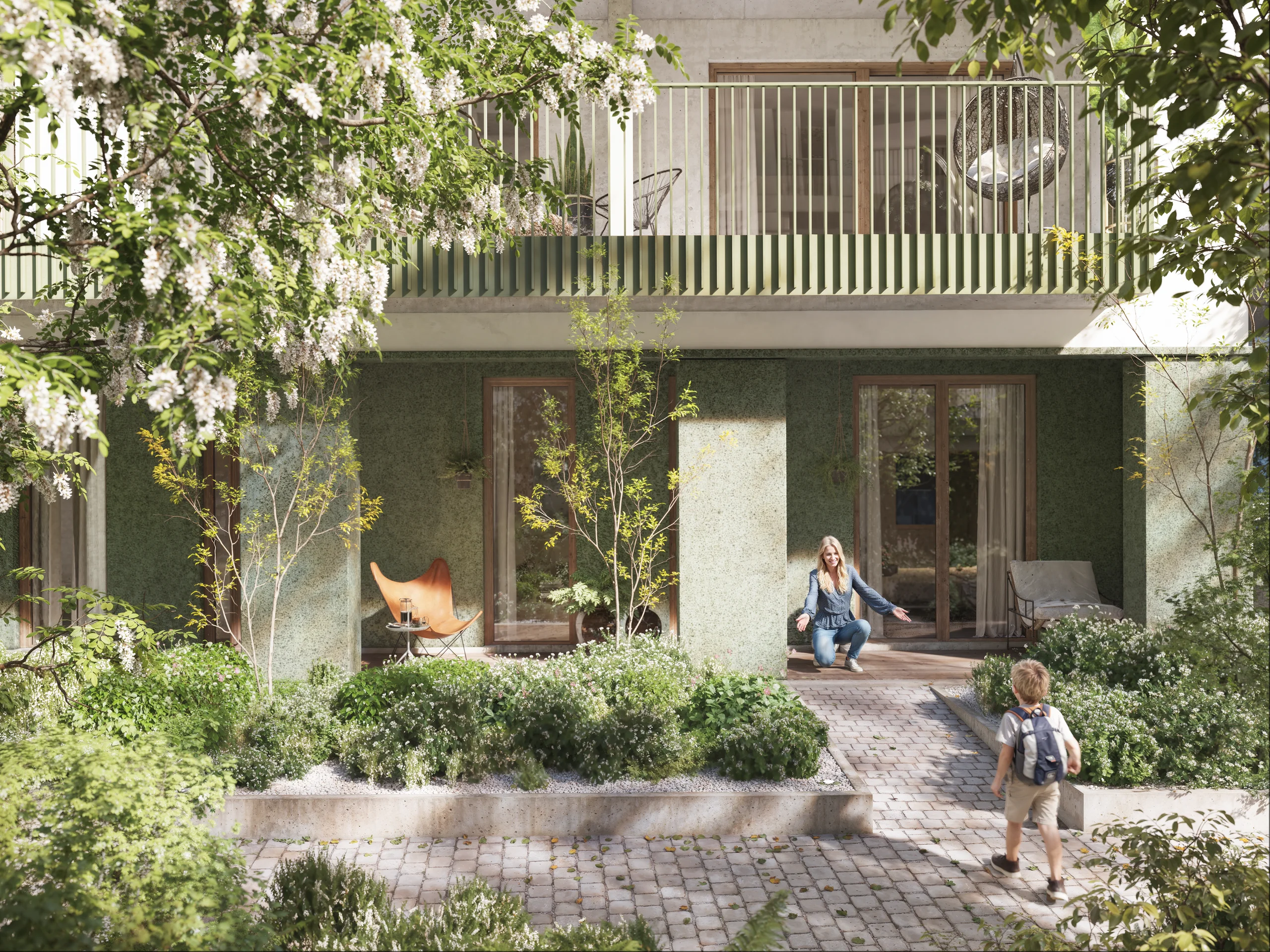 Tuinappartement met terras en kinderen die spelen in de binnentuin