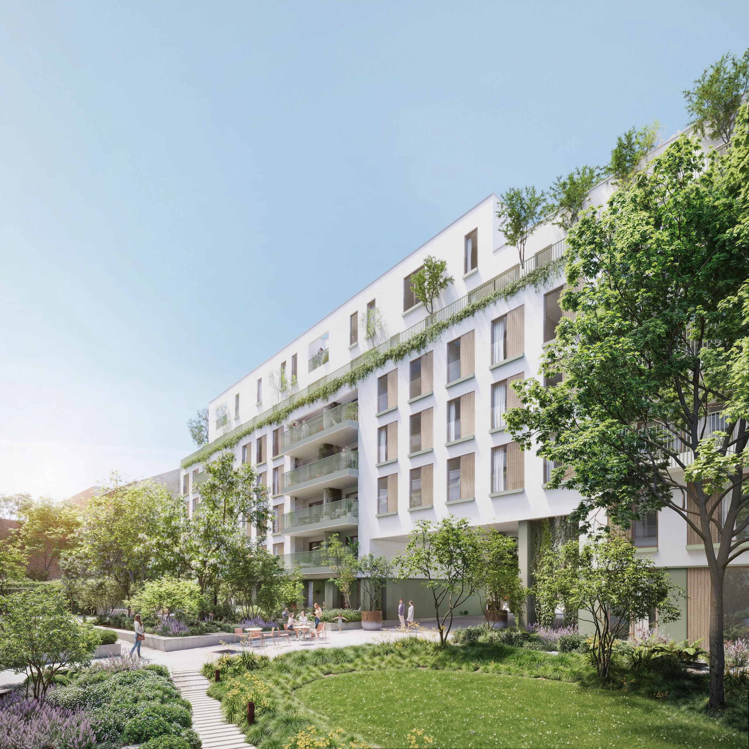 Mandelhof gezien vanuit de groene binnentuin