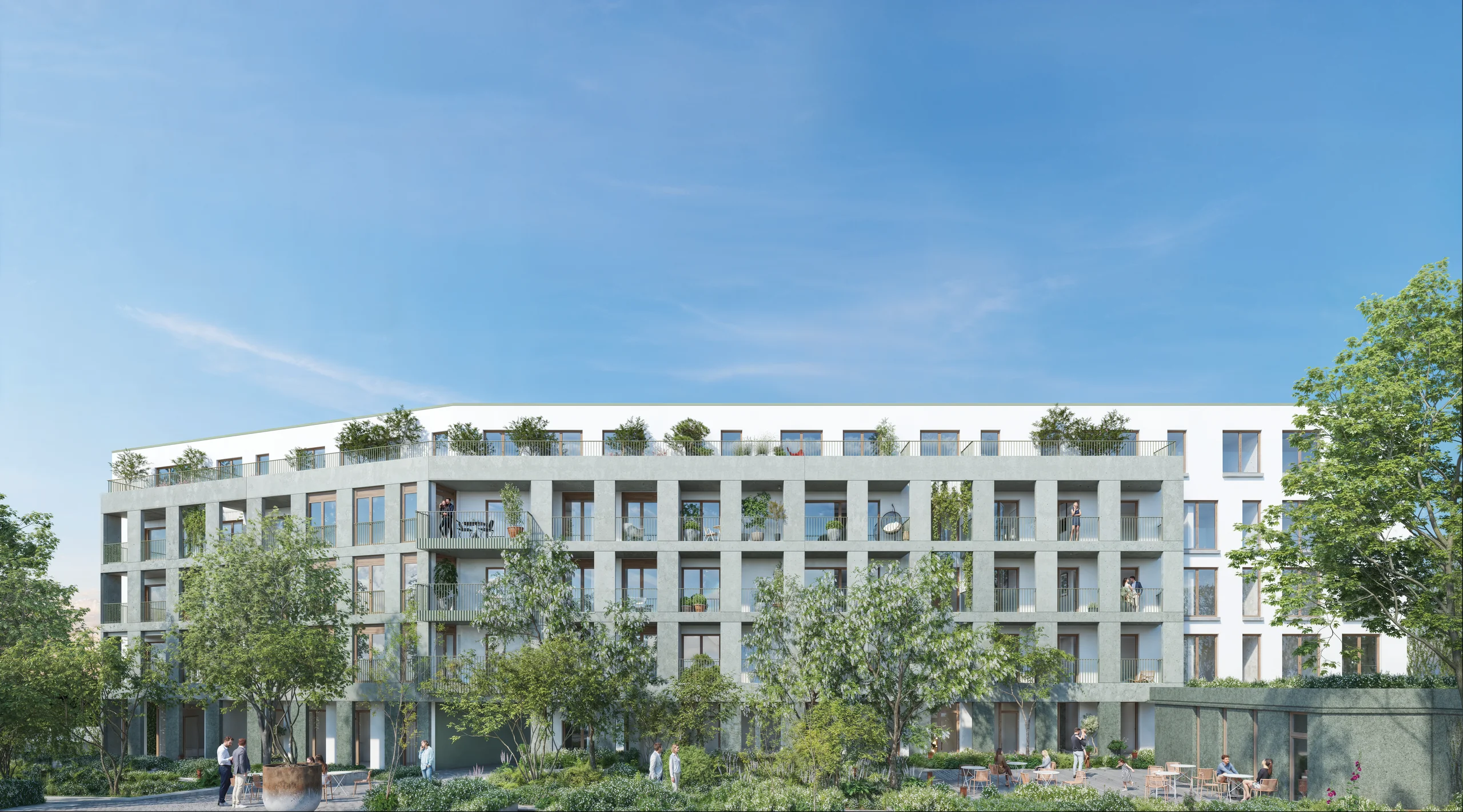 Gevel van Mandelhof met groene terrassen en een parkachtige binnentuin