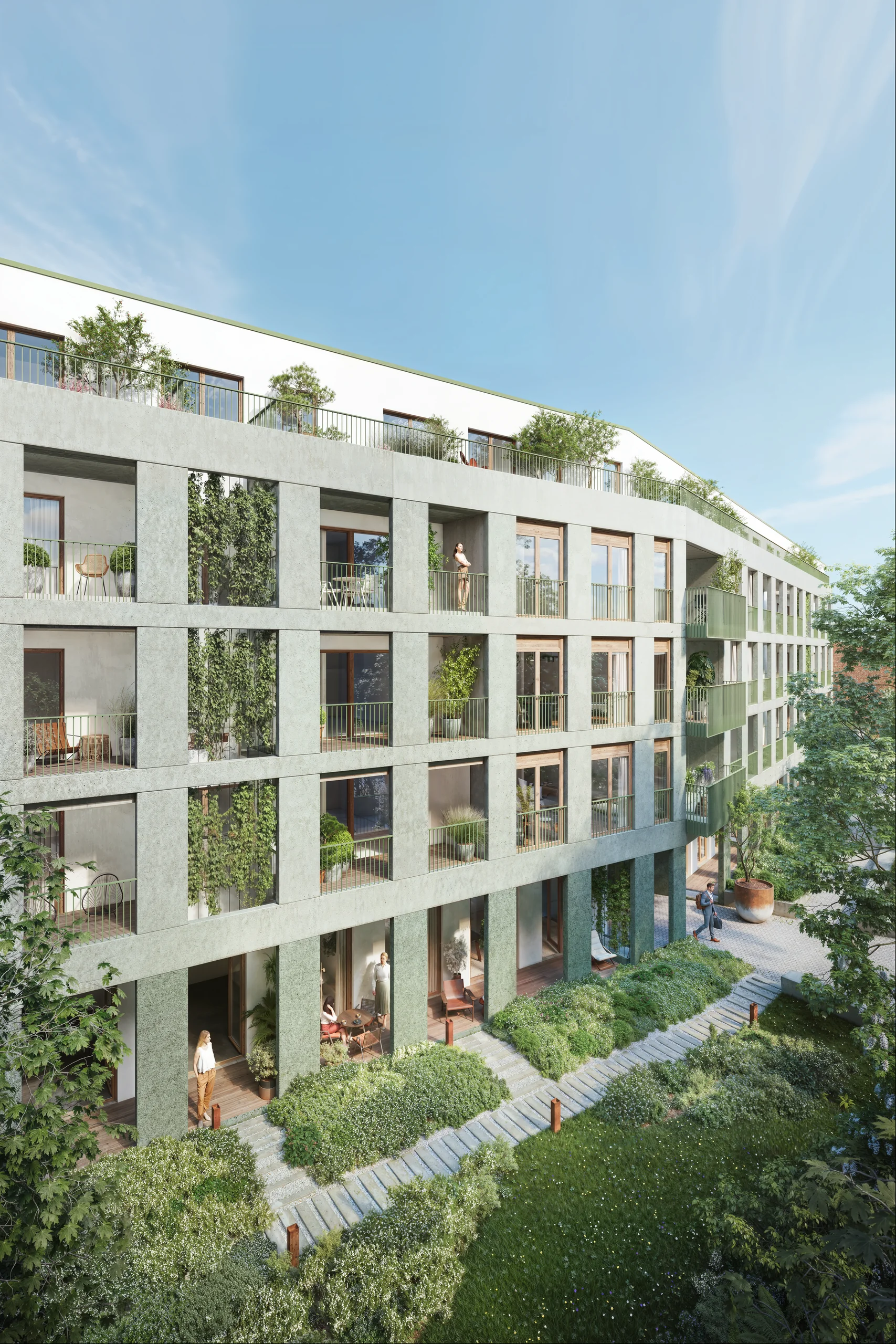Groene gevel van Mandelhof met beplante balkons