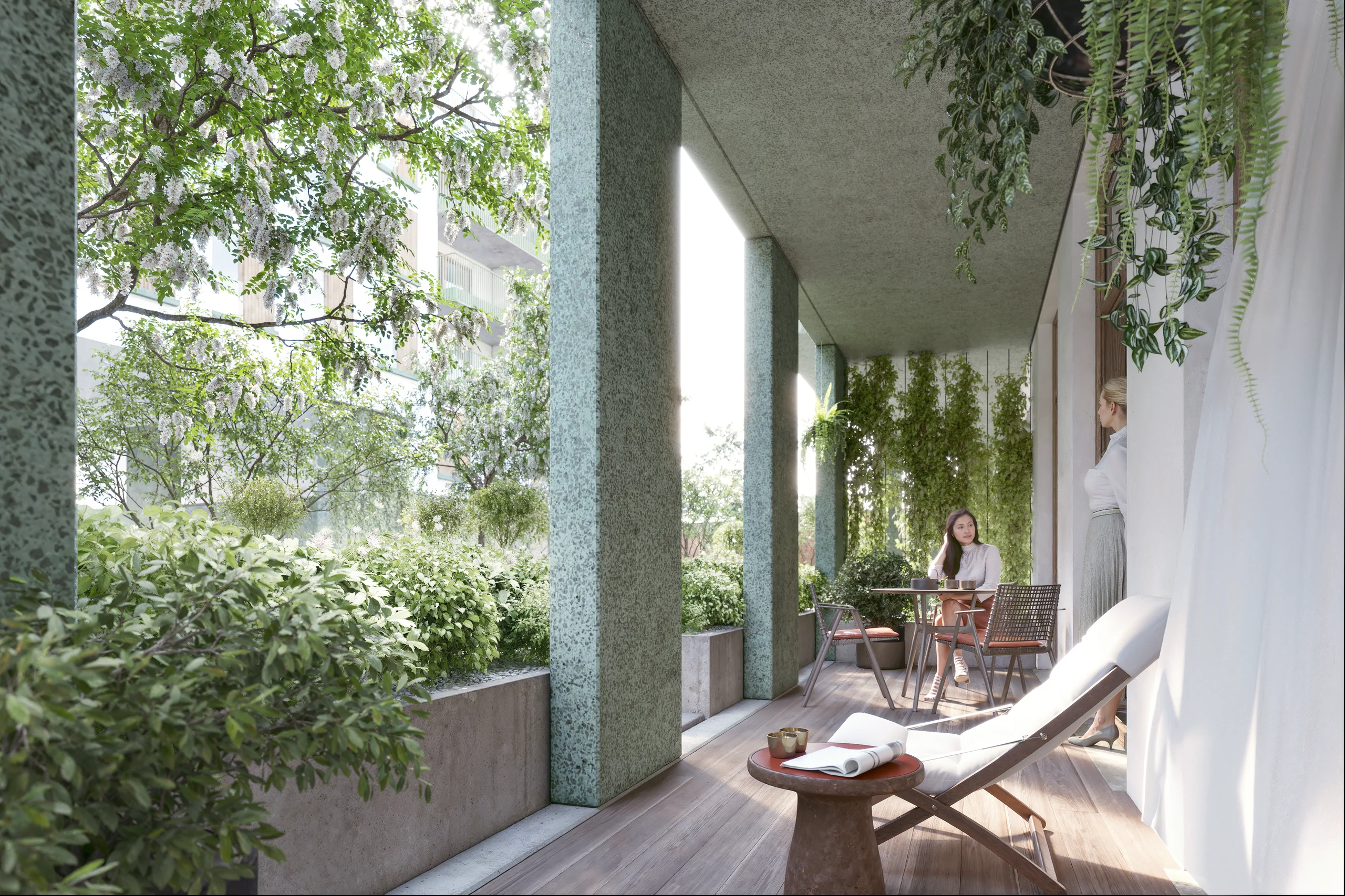 Overdekt terras met ligstoel tussen de planten