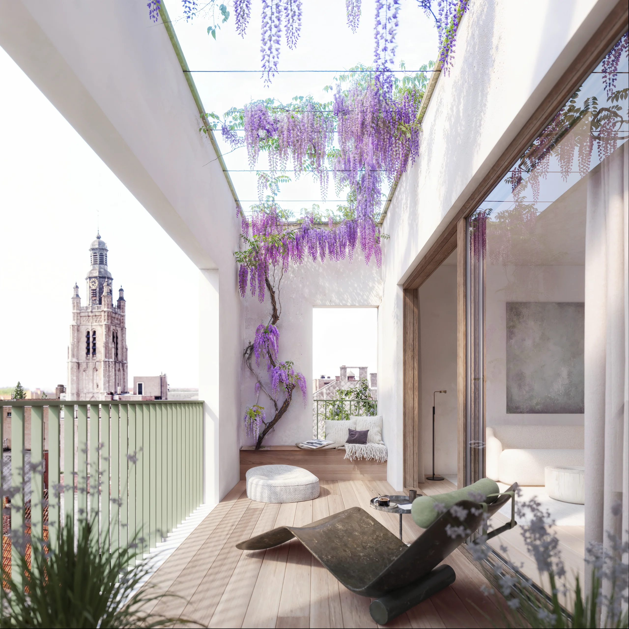 Terras met blauweregen en zicht op de toren van de Sint-Michielskerk